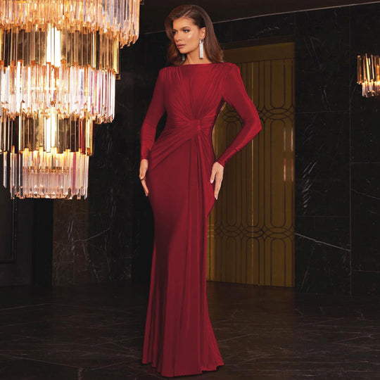 Damen Elegantes Langarm-Maxikleid mit Raffungen R&B