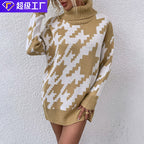 Damen Oversized Pullover mit Hohem Kragen und Modernem Muster