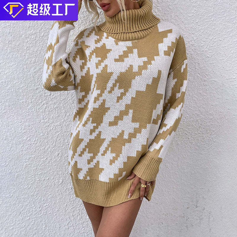 Damen Oversized Pullover mit Hohem Kragen und Modernem Muster