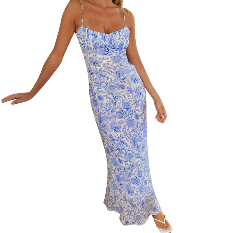 Damen elegantes Maxikleid mit floralem Design und dünnen Trägern