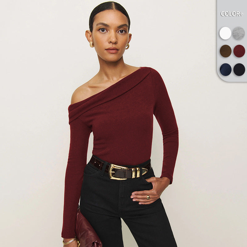 Damen Elegantes Langarmoberteil mit schrägem Ausschnitt und figurbetontem Schnitt R&B