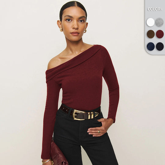 Damen Elegantes Langarmoberteil mit schrägem Ausschnitt und figurbetontem Schnitt R&B