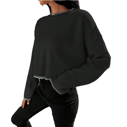 Damen lässiger Strickpullover mit geripptem Saum und überschnittenen Schultern R&B