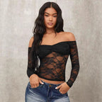 Damen Off-Shoulder Spitzenoberteil mit langen Ärmeln und romantischen Details R&B
