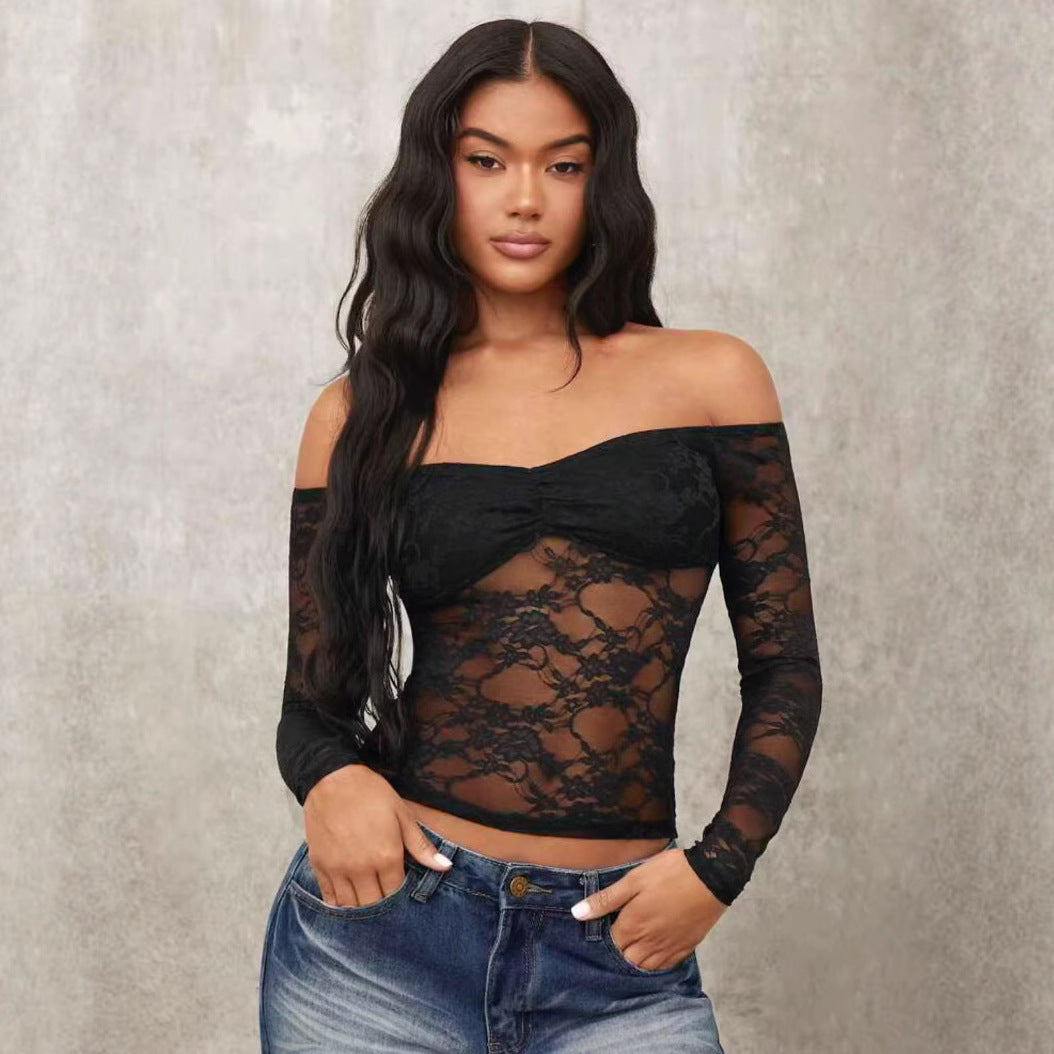 Damen Off-Shoulder Spitzenoberteil mit langen Ärmeln und romantischen Details R&B