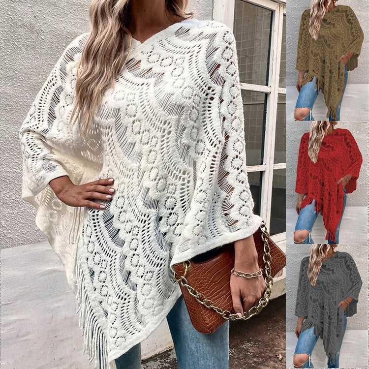Damen Strickponcho mit kunstvollen Häkelmustern und Fransen R&B