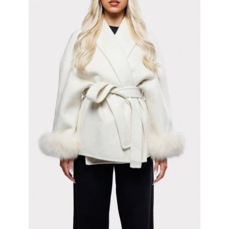 Damen Fuzzi-Robenjacke mit elegantem Gürtel und luxuriösen Ärmeln aus Plüsch R&B