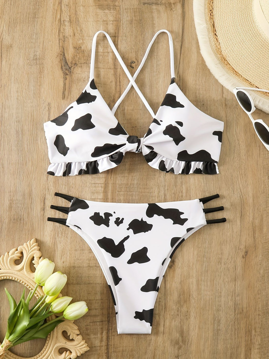Damen Triangel-Bikini mit franjendetail und verspieltem Kuhmuster R&B