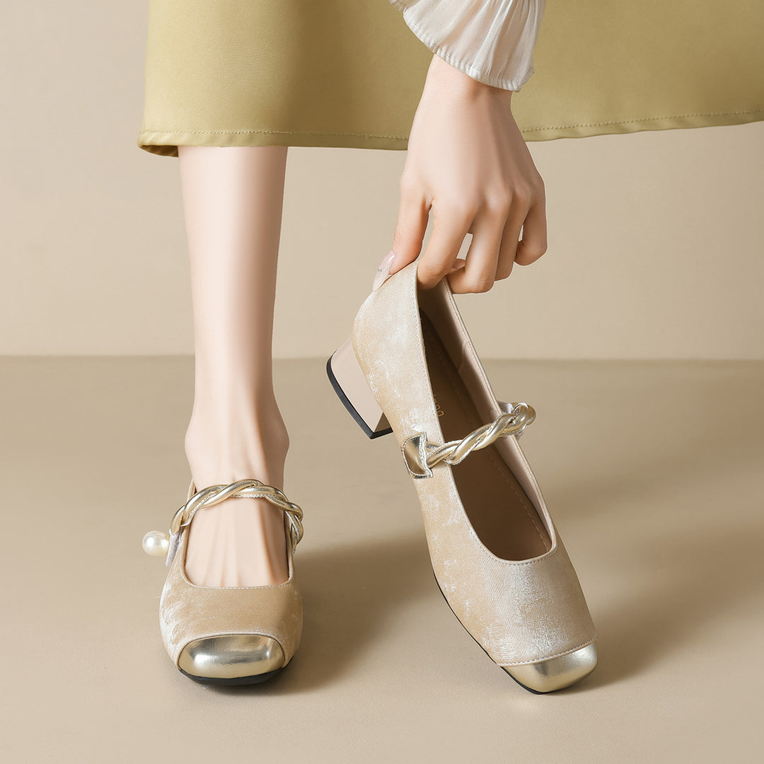 Damen elegante Ballerinas mit luxuriösem Perlenschmuck und modischem Riemendesign R&B