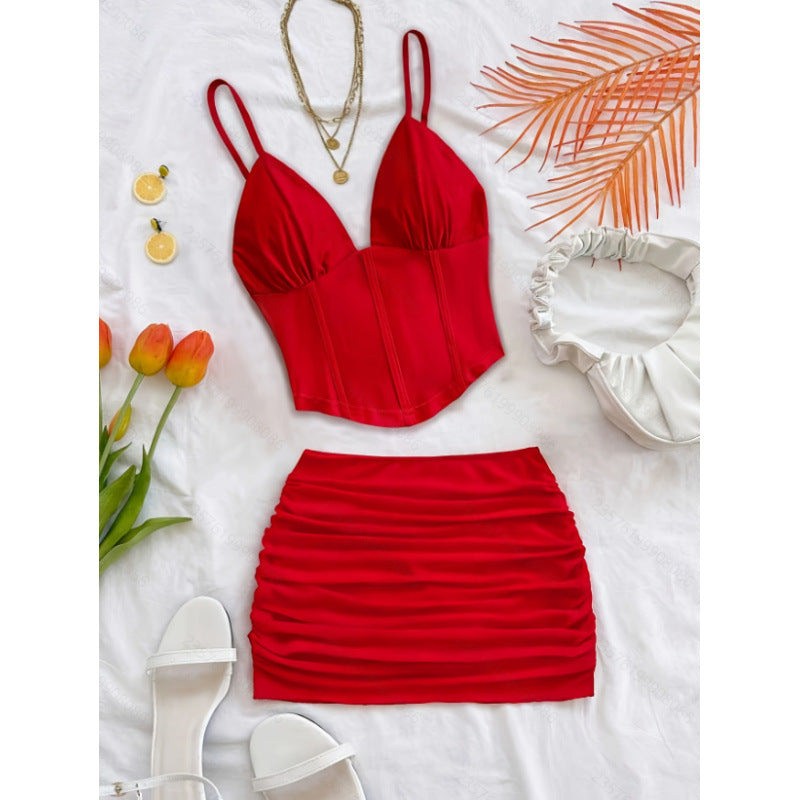Damen Crop-Top und Mini-Rock Set mit Rüschendetails R&B