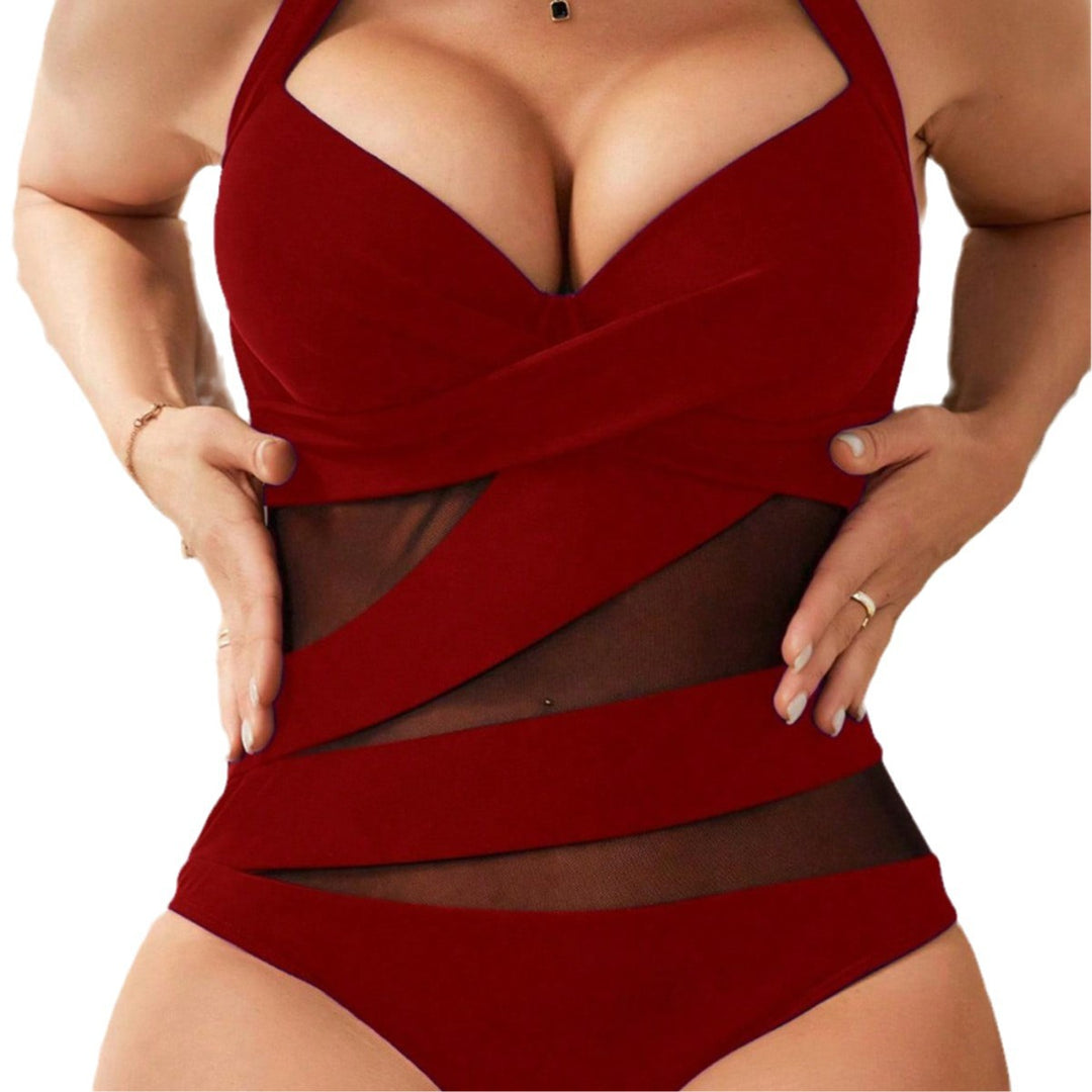 Damen Einteiler Badeanzug mit modischem Wickel-Design und transparenten Einsätzen R&B