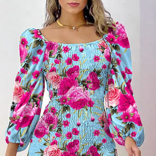 Damen Minikleid mit Puffärmeln und floralem Faltenmuster R&B