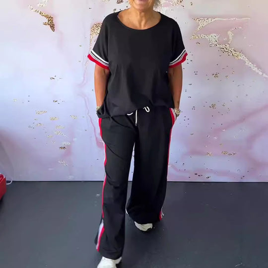 Damen nan sportlich-eleganter Zweiteiler mit kastigem Kurzarmshirt, Tunnelzug-Jogpant und seitlichem Kontraststreifen R&B
