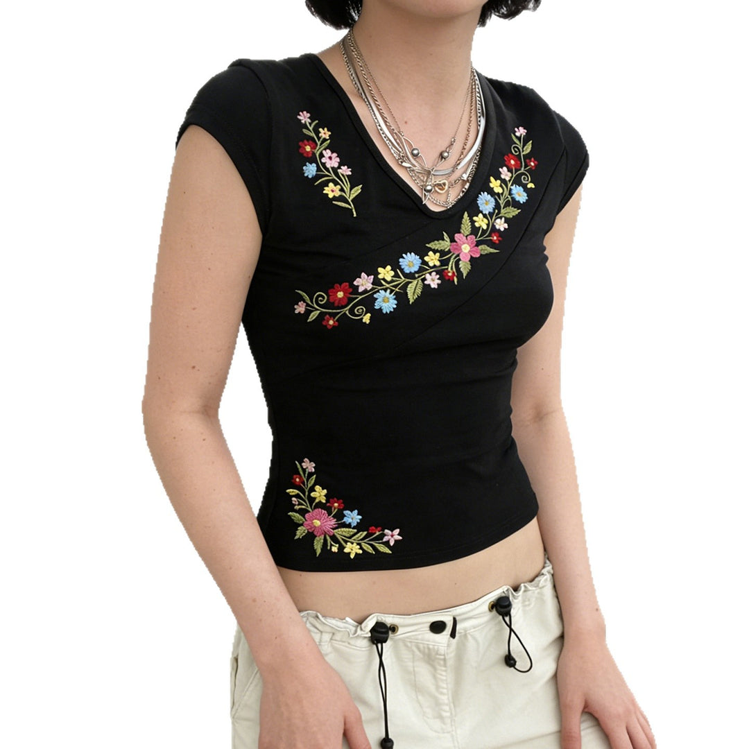 Damen V-Ausschnitt T-Shirt mit floraler Stickerei und figurbetontem Schnitt R&B
