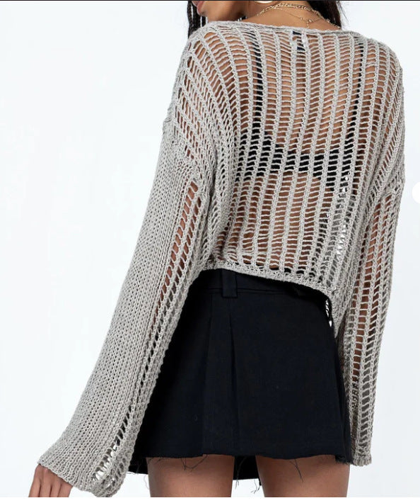 Damen luftiges Cropped Strickoberteil mit weit geschnittenen Ärmeln R&B