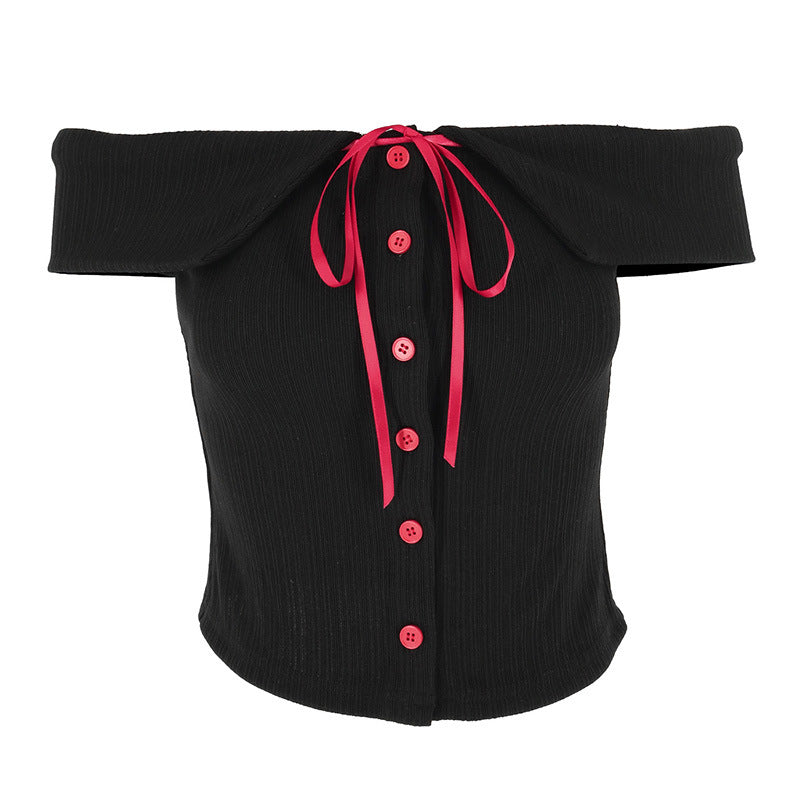 Damen Off-Shoulder Bluse mit Kontrastknöpfen und Taillenband R&B