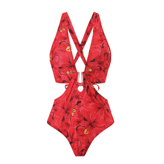 Damen Badeanzug mit floralen Akzenten und passendem Wickelrock R&B