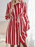 Damen Hemdblusenkleid mit taillierbarem Kordelzug und gestreiftem Design