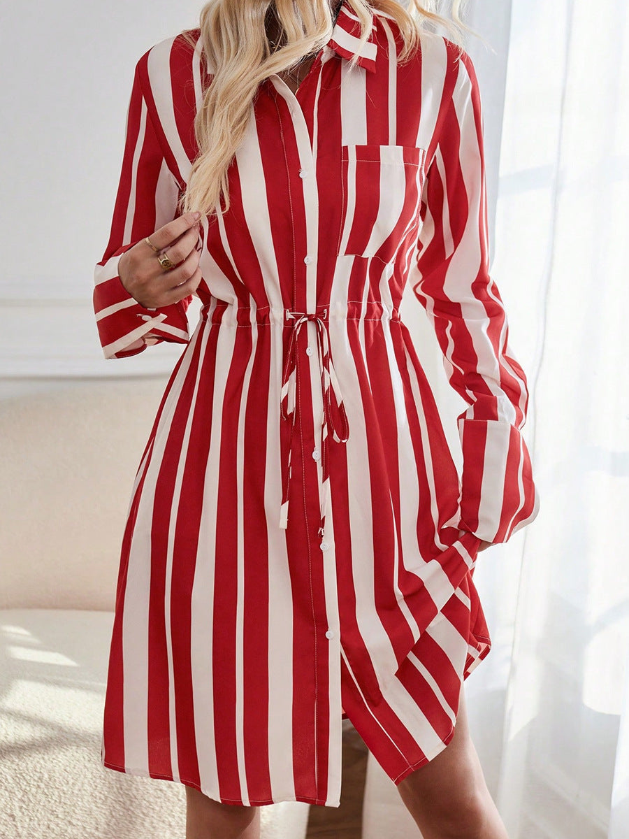 Damen Hemdblusenkleid mit taillierbarem Kordelzug und gestreiftem Design