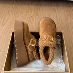 Damen Plüschige Slipper mit robustem Plateau und eleganter Schnalle R&B