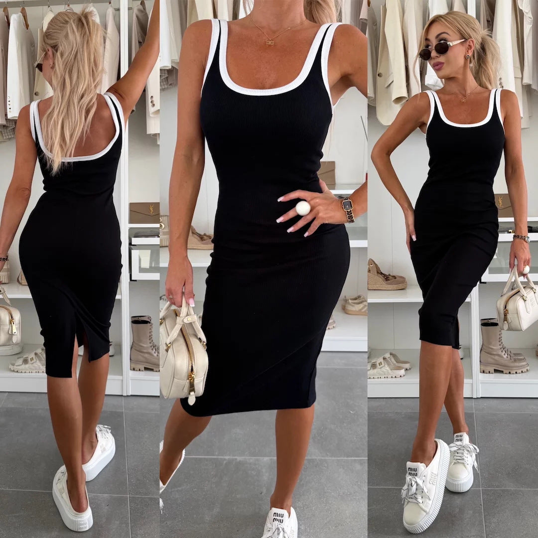 Damen figurbetontes Midi-Kleid mit breiten Trägern und schmalem Schnitt Heidi-Mode