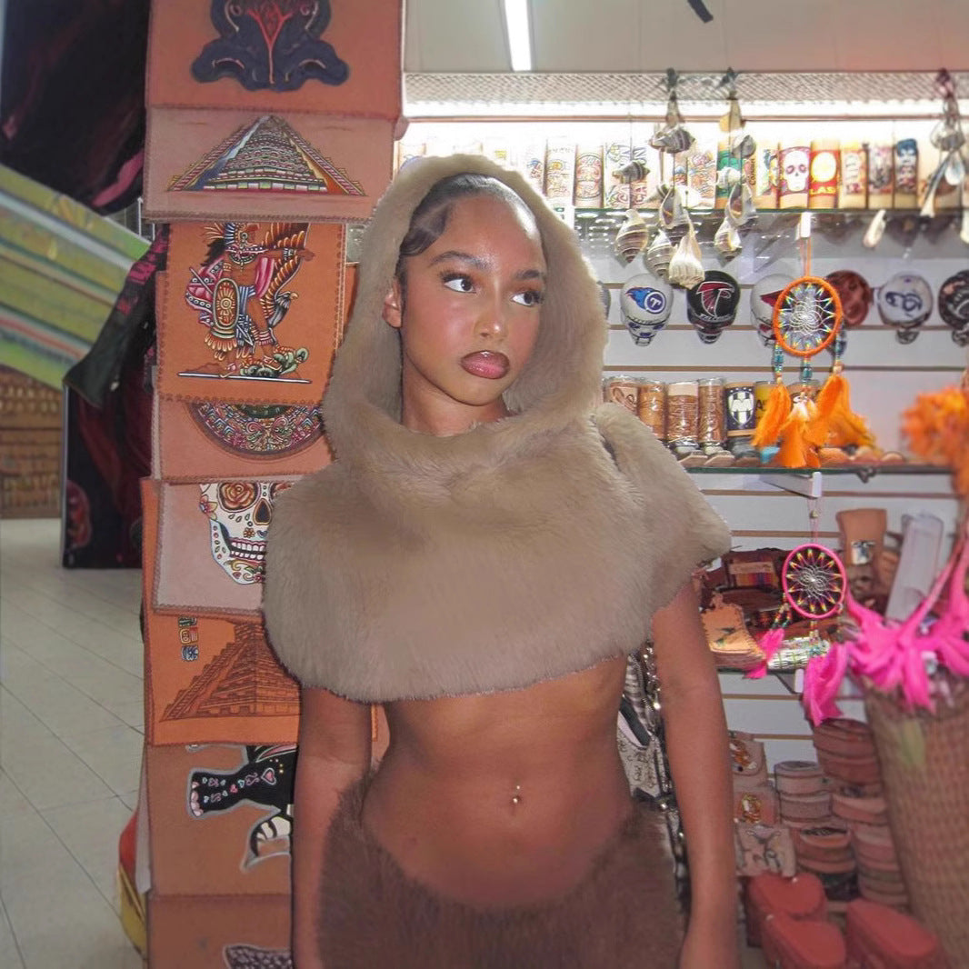 Damen Modischer Kunstpelz-Cape mit Kapuze R&B