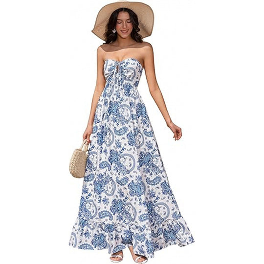 Damen Maxikleid im zeitlosen Paisleymuster mit schulterfreiem Design und voluminösem Saum R&B