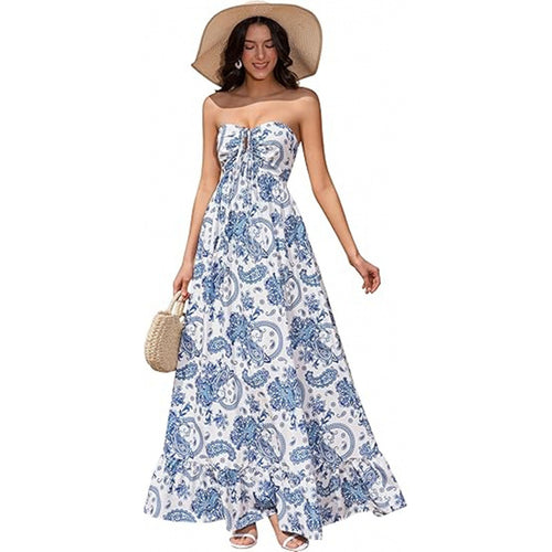Damen Maxikleid im zeitlosen Paisleymuster mit schulterfreiem Design und voluminösem Saum R&B