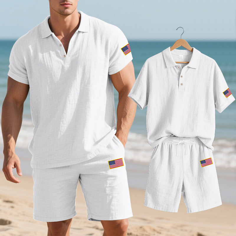 Herren Polo- und Shorts-Set mit gesticktem Länderflaggen-Motiv