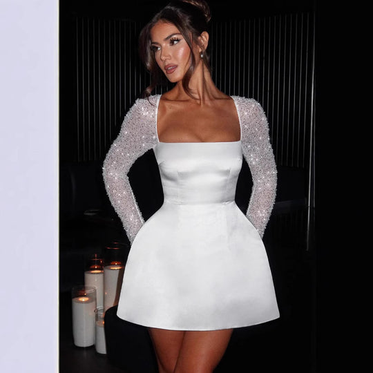 Damen Glamouröses Minikleid mit transparenten Paillettenärmeln und schwingendem Rock R&B