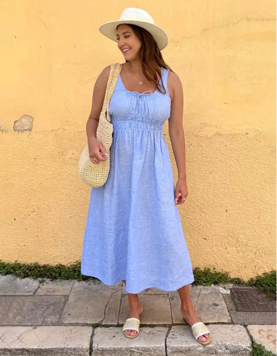 Damen nan midilanges Leinenoptik-Kleid mit Smokoberteil, elastischer Taillenpasse und breiten Trägern R&B