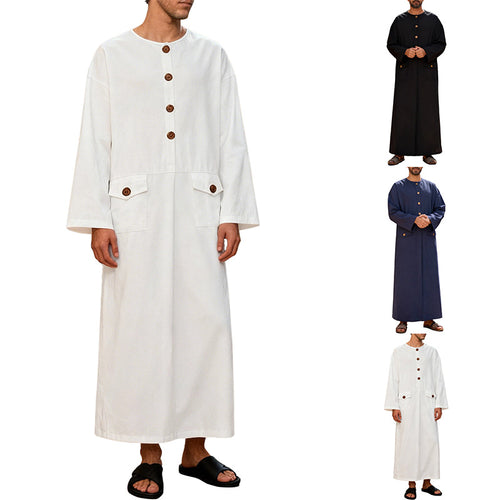 Herren nan langes minimalistisches Gewand mit Rundhalsausschnitt durchgehender Knopfleiste und aufgesetzten Pattentaschen R&B