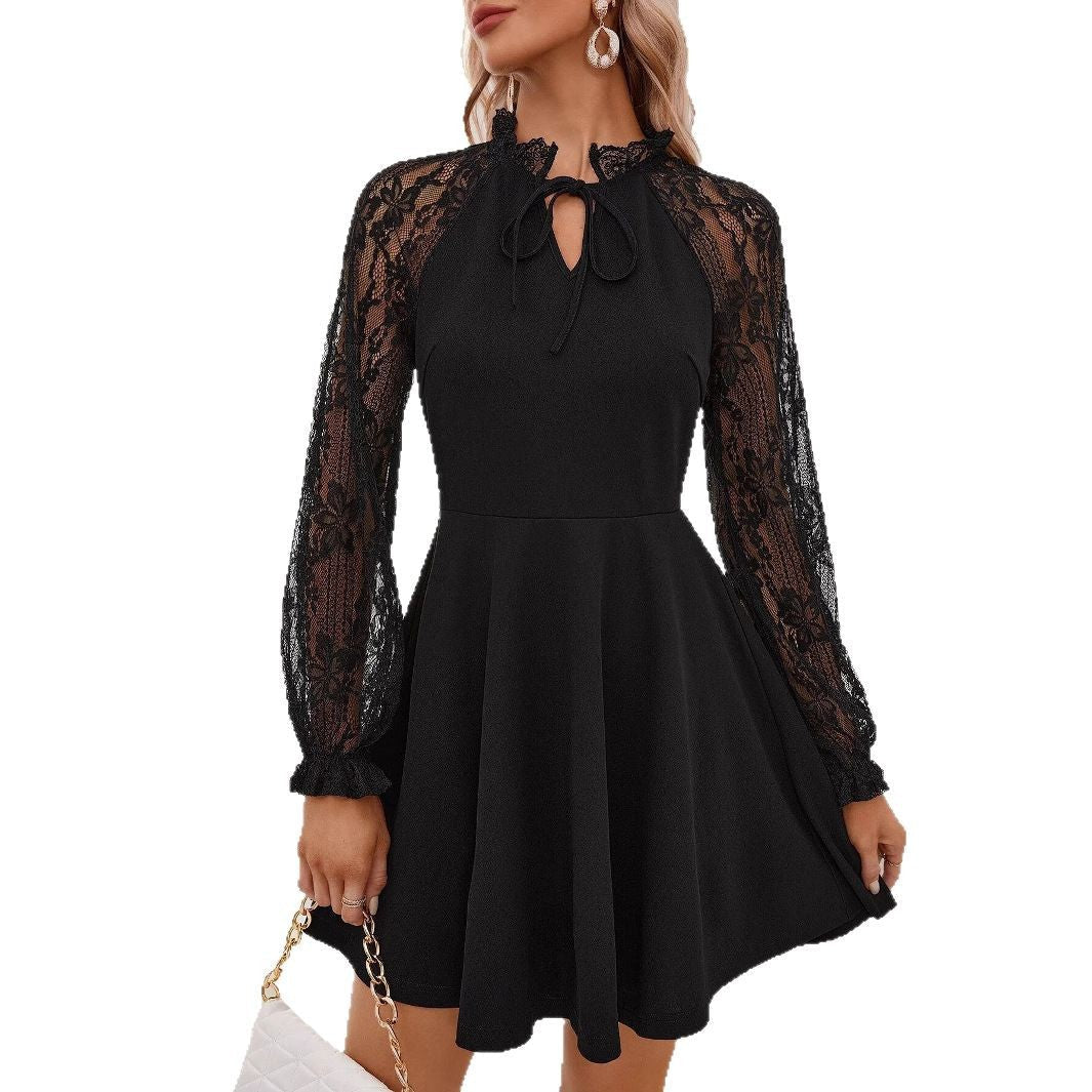 Damen Neckholder Kleid mit Spitzenärmel und eleganter Silhouette R&B