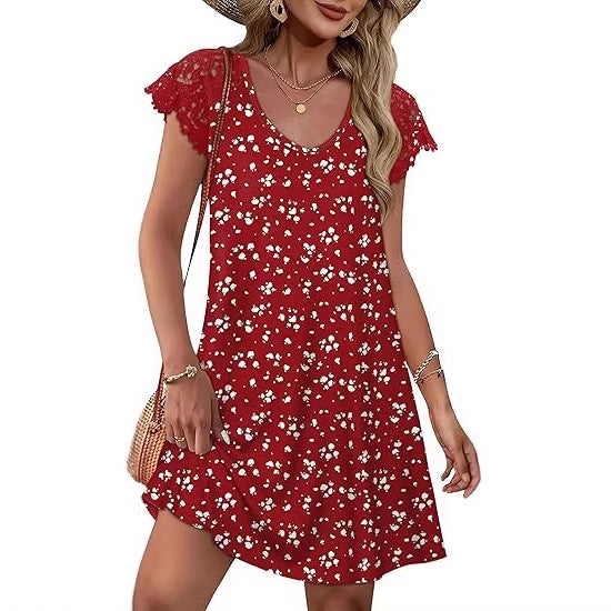 Damen Sommerkleid mit eleganten Spitzenärmeln und floralem Muster R&B