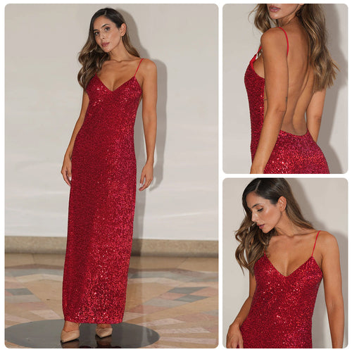 Damen Abendkleid mit glitzerndem Paillettenbesatz und elegantem V-Ausschnitt R&B