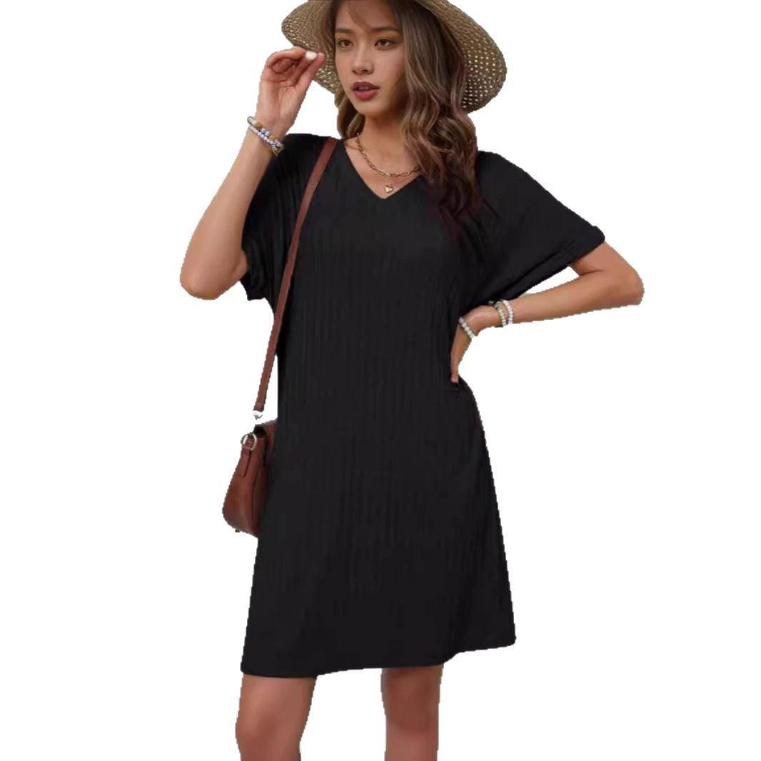 Damen lässiges Freizeitkleid mit V-Ausschnitt und feiner Rippstruktur R&B