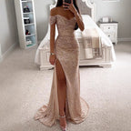 Damen Glamouröses Abendkleid mit schulterfreiem Schnitt und schimmerndem Stoff R&B
