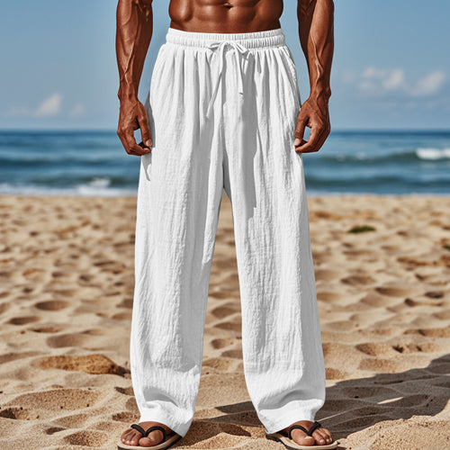 Herren nan luftige Strandhose aus Baumwoll-Leinen mit Tunnelzug und Seitentaschen R&B