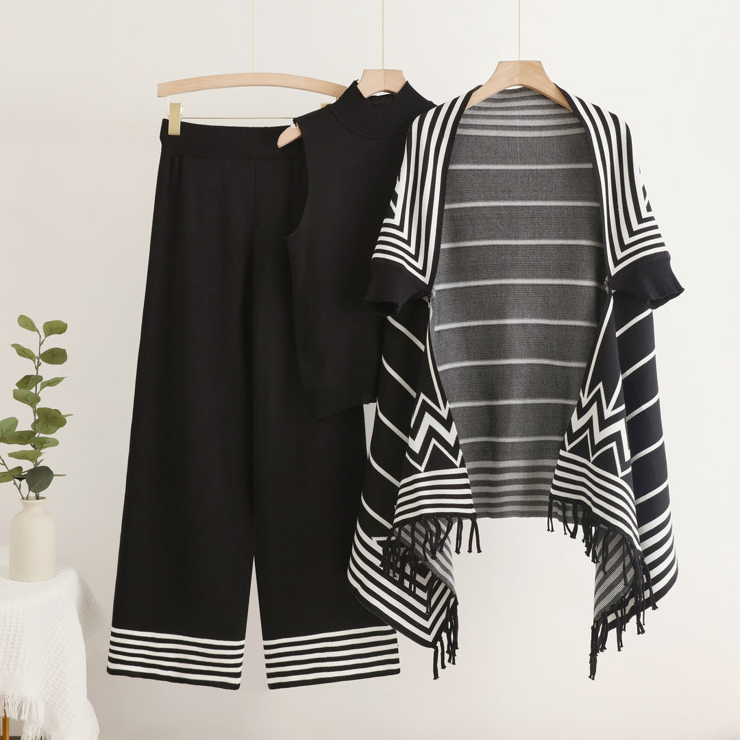 Damen elegantes Strick-Kombinationsset mit hochgeschlossenem Oberteil und weiten Hosen R&B