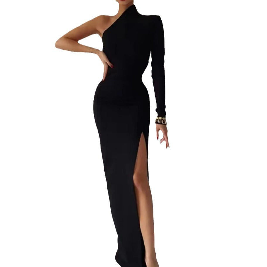 Damen Elegantes asymmetrisches Abendkleid mit hohem Schlitz und langem Arm R&B