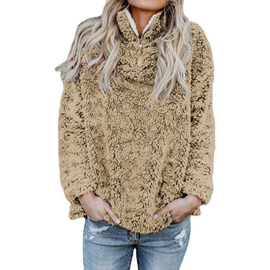 Damen Flauschige Fleece-Pulloverjacke mit hohem Kragen und Reißverschluss R&B