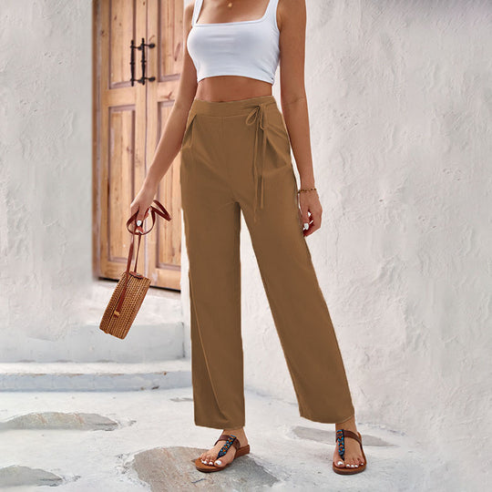 Damen Weitgeschnittene Sommerhose mit elastischem Bund und bindbarem Gürtel R&B