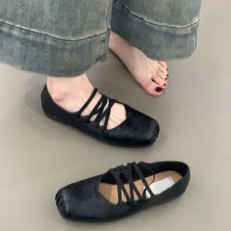 Damen Ballerina-Schuhe mit dekorativem Schnürdesign und hochwertiger Lederoberfläche R&B