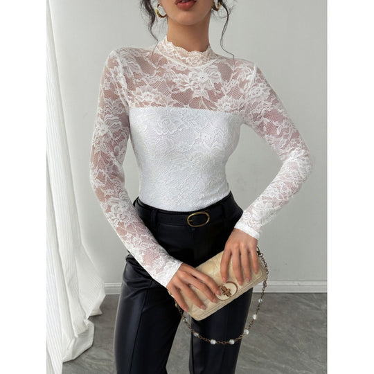 Damen Spitzenbody mit elegantem Stehkragen und langem Arm R&B