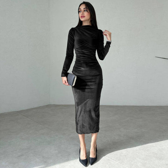 Damen Elegantes Langarmkleid mit körperbetonter Silhouette und gerafftem Design R&B