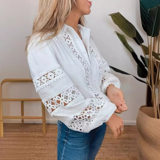 Damen nan Häkelspitzen-Hemdbluse mit V-Ausschnitt, durchbrochener Stickerei und Ballonärmeln R&B