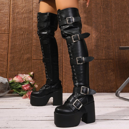 Damen Overknee Stiefel mit modischen Schnallen und hochmodernem Plateau R&B
