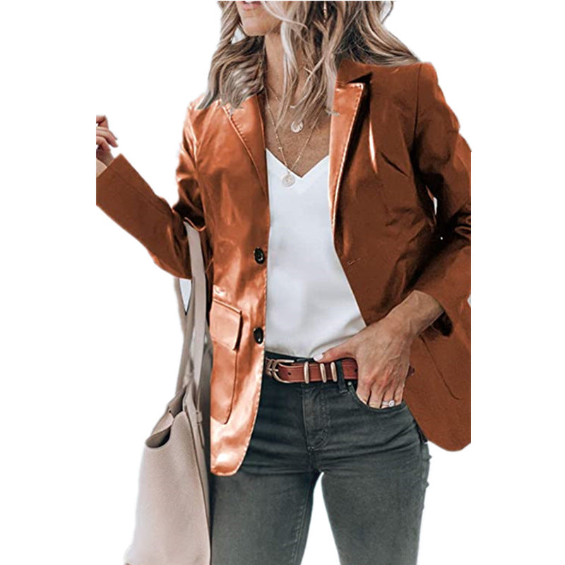 Damen elegante Blazerjacke im zeitlosen Design mit glänzender Oberfläche R&B