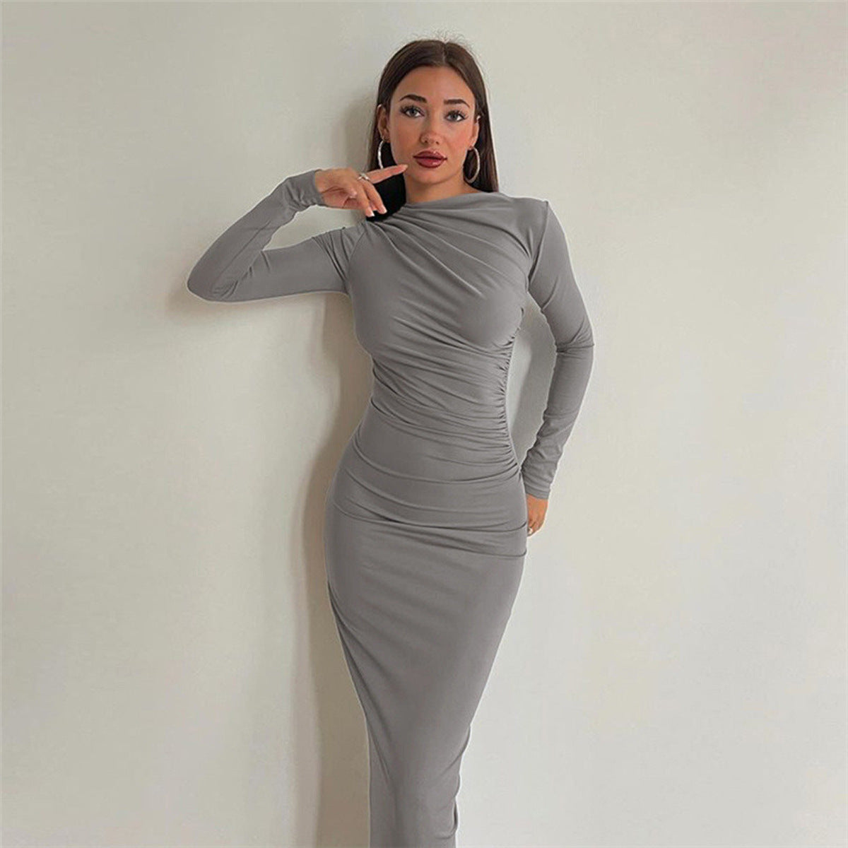 Damen figurbetontes Langarmkleid mit raffiniertem Drapierungseffekt R&B
