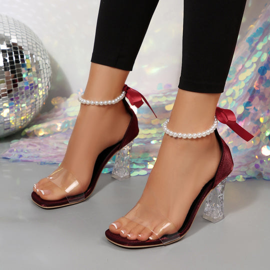 Damen Elegante und modische Sandaletten mit transparentem Riemchen und funkelndem Blockabsatz R&B